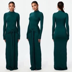 NWT Naked Wardrobe NW TurtleNeck Draped Tie Dress in Deep Teal Green S